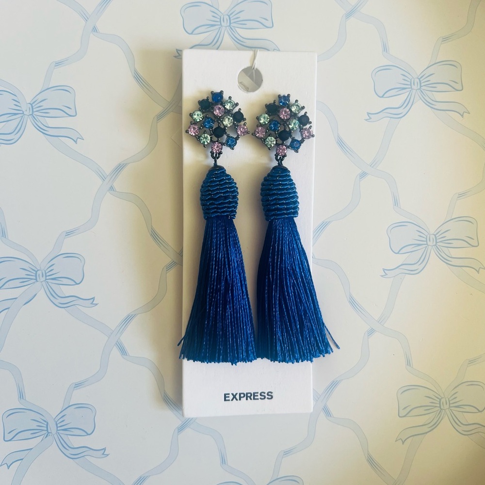 NWT Express Blue Tassel Rhinestone Statement Earrings💙